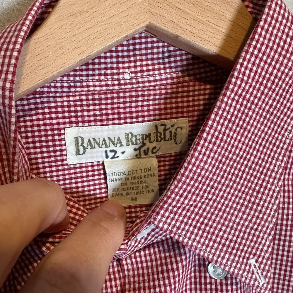 Vintage 90s Banana Republic Red Gingham Shirt Men's M Made Hong Kong Preppy